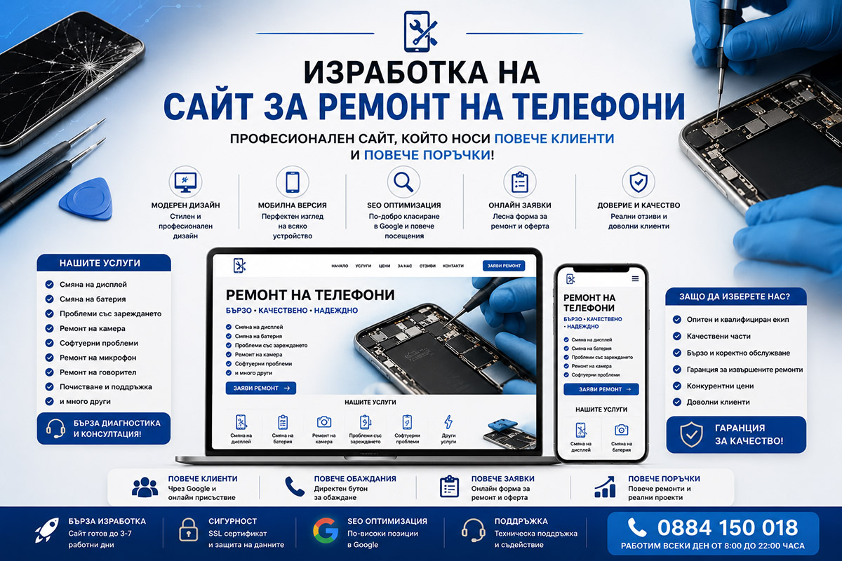 Изработка на сайт за ремонт на телефони Изработка на сайт за ремонт на телефони